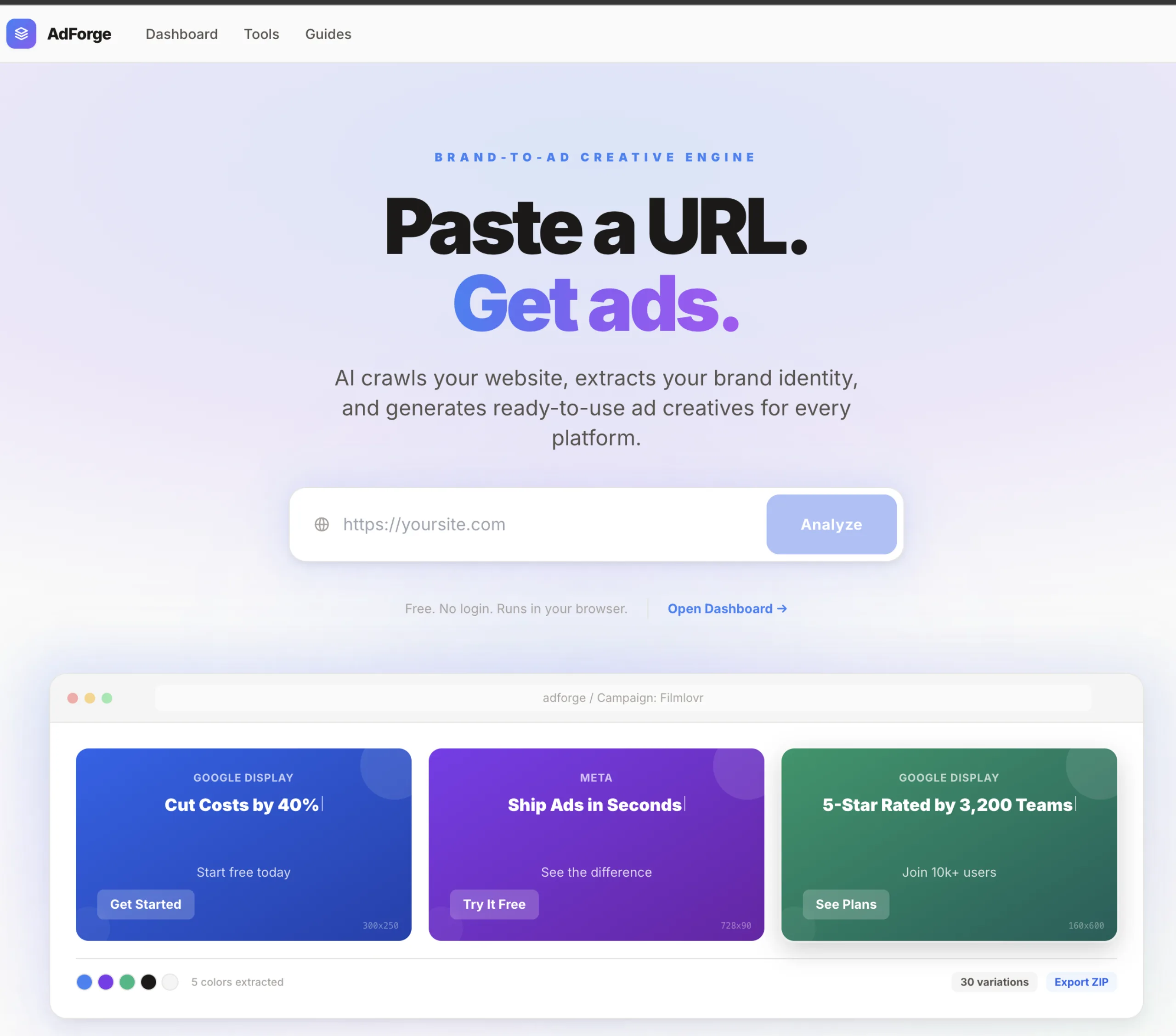 Adforge landing with generated ad variations across platforms