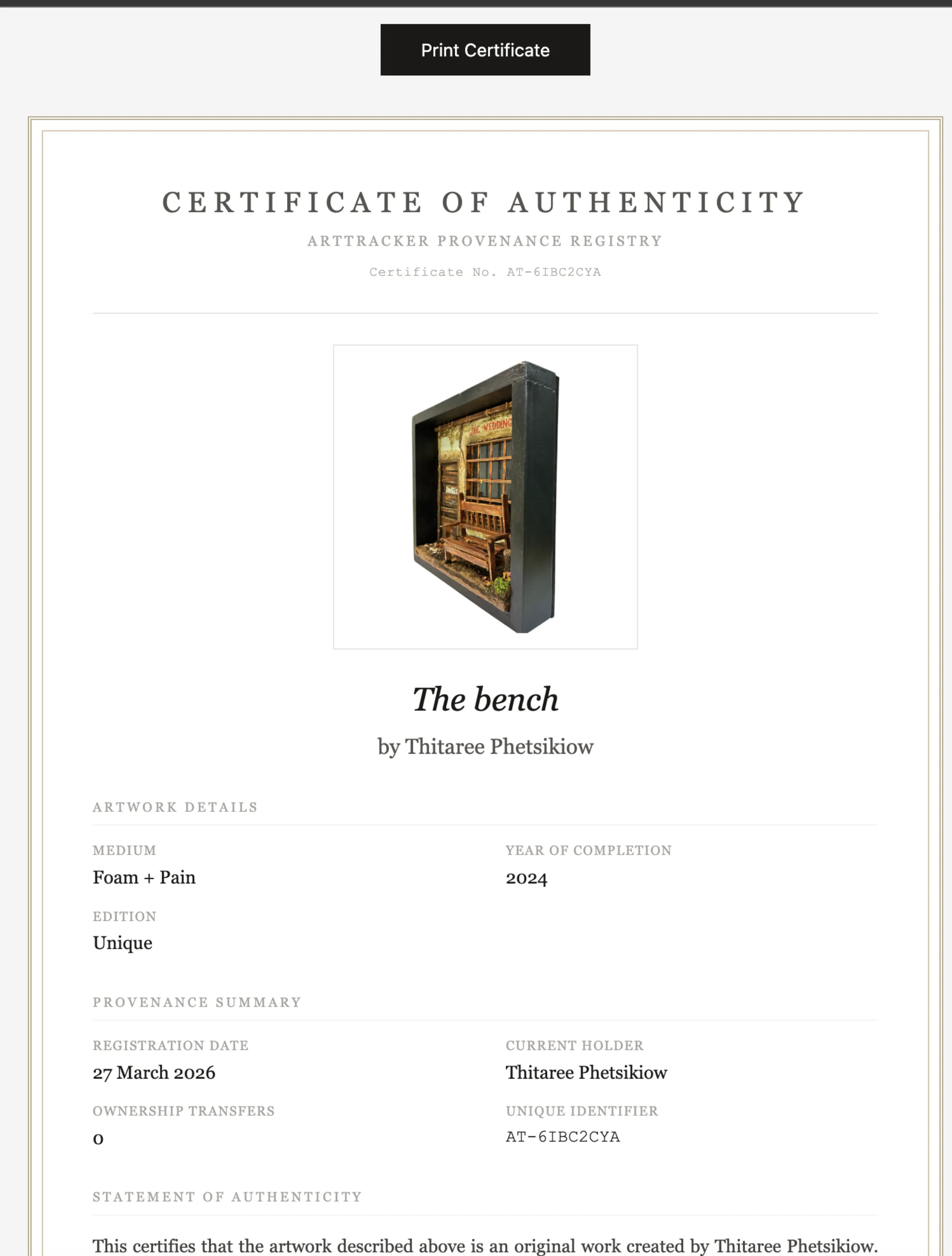 Arttracker certificate of authenticity for a physical artwork