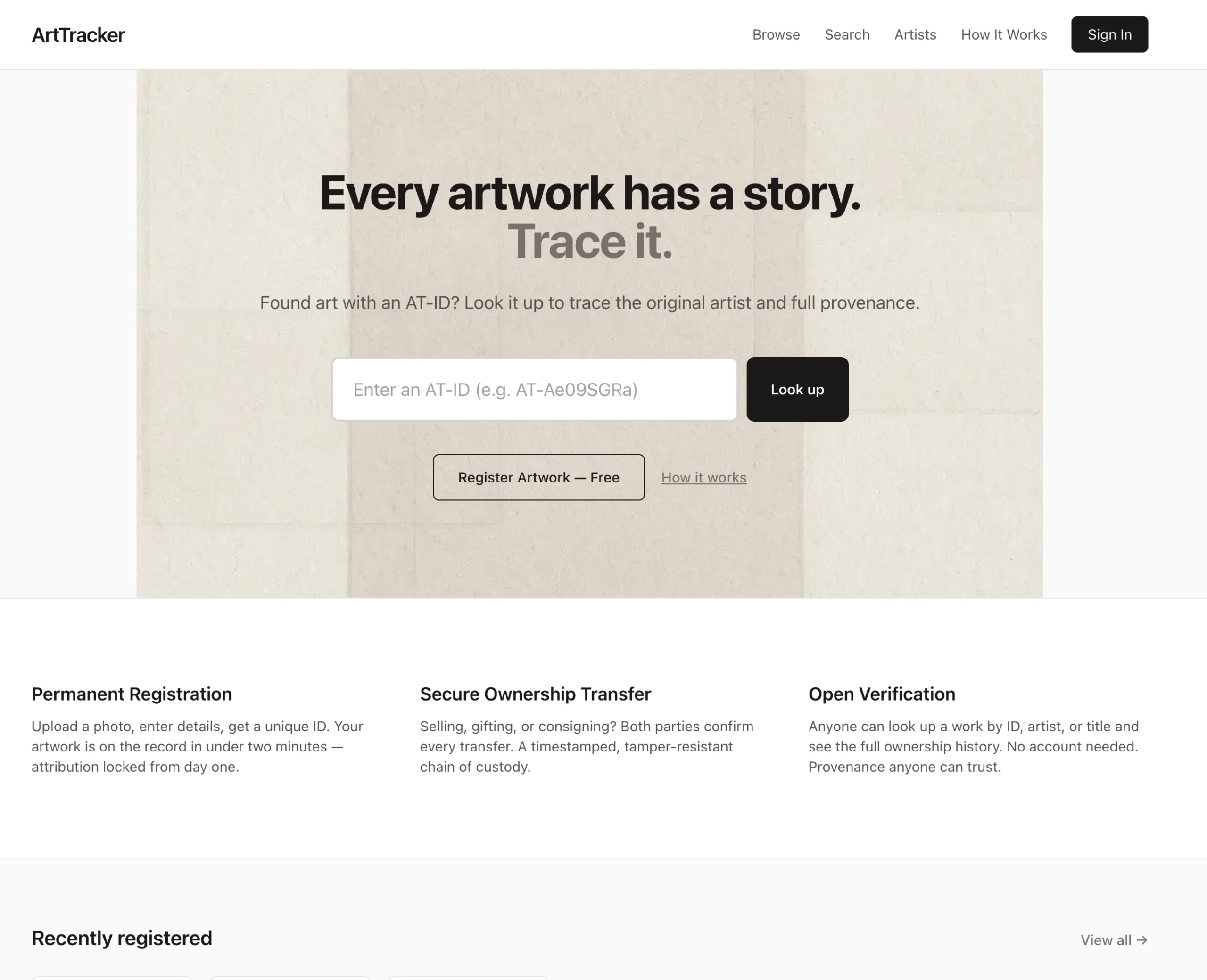 Arttracker landing — register physical artwork and trace provenance