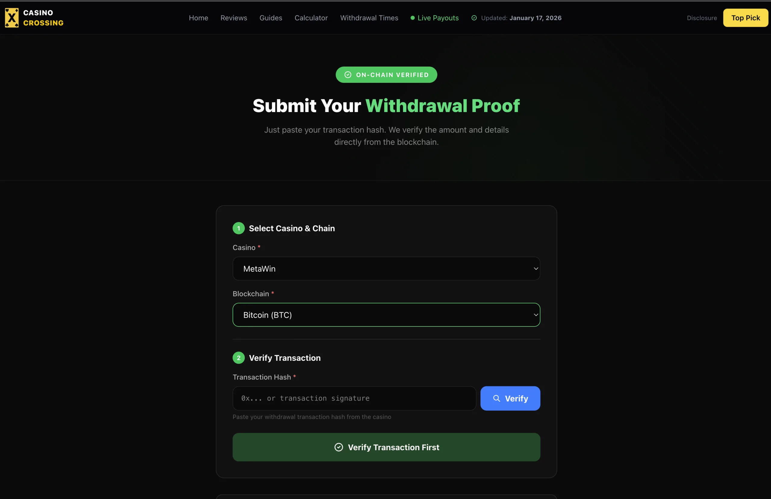 Submit withdrawal proof form with tx hash, casino and chain selection