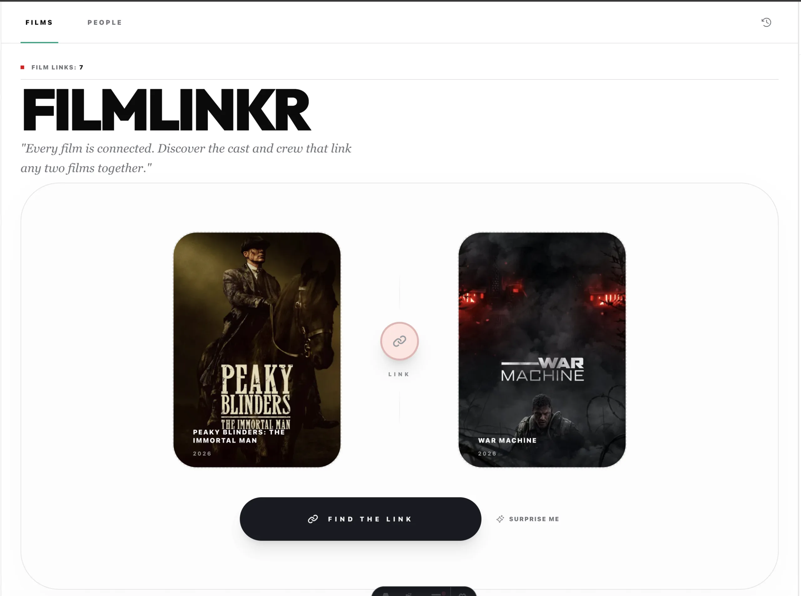 Filmlinkr — gamified find-the-connection feature between any two films