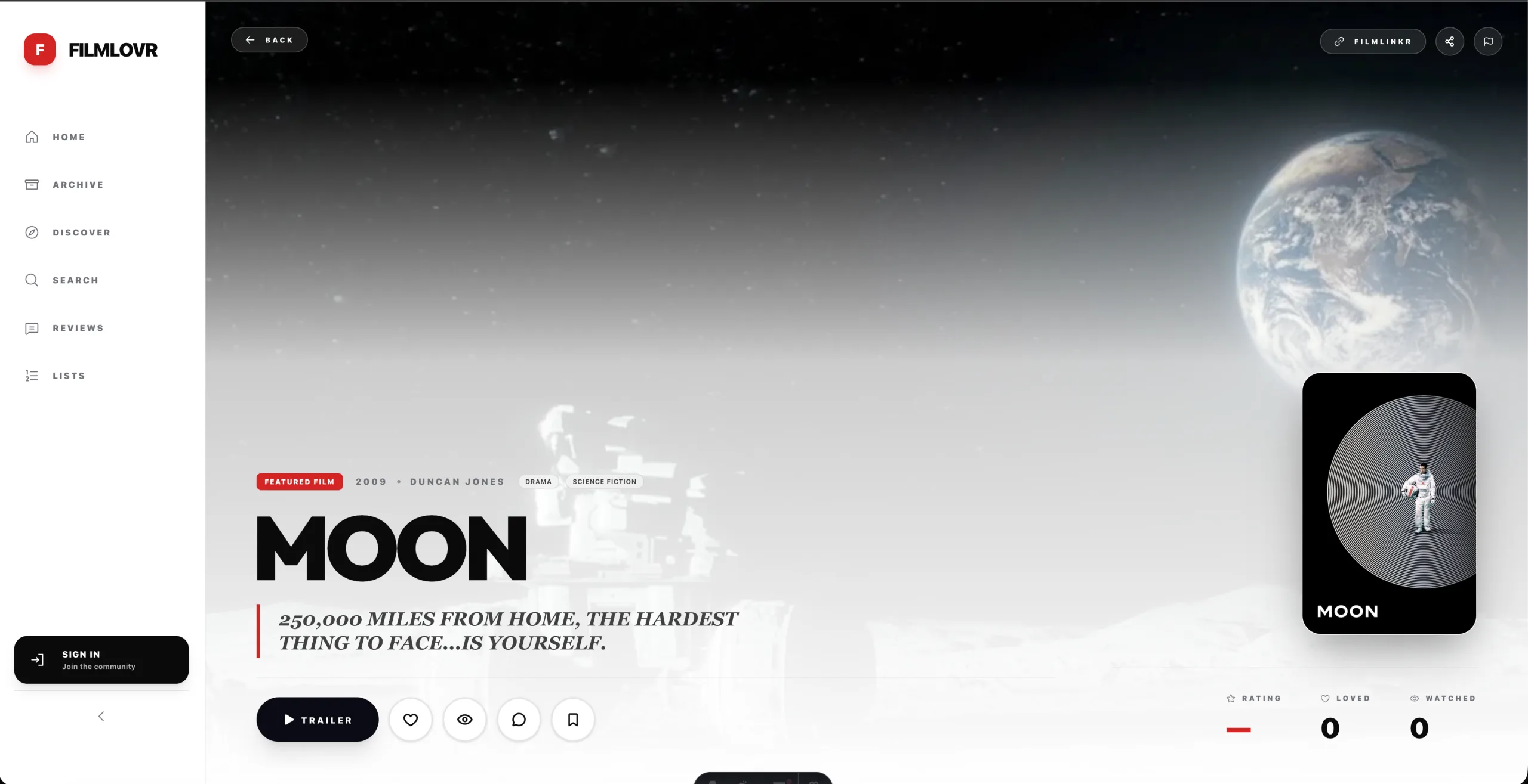 Filmlovr featured film page for Moon with ratings and library actions
