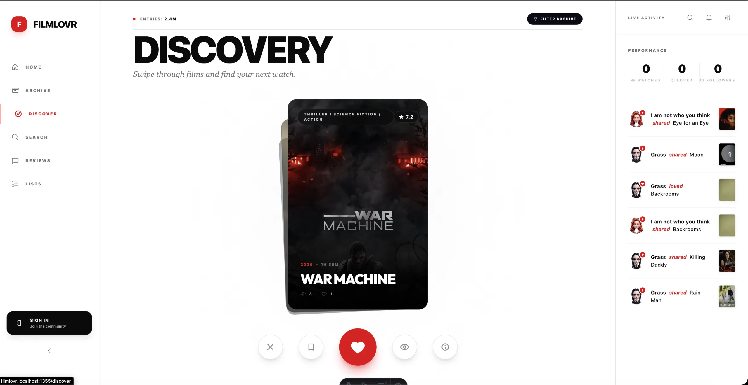 Filmlovr swipe-based discovery feed with social activity sidebar