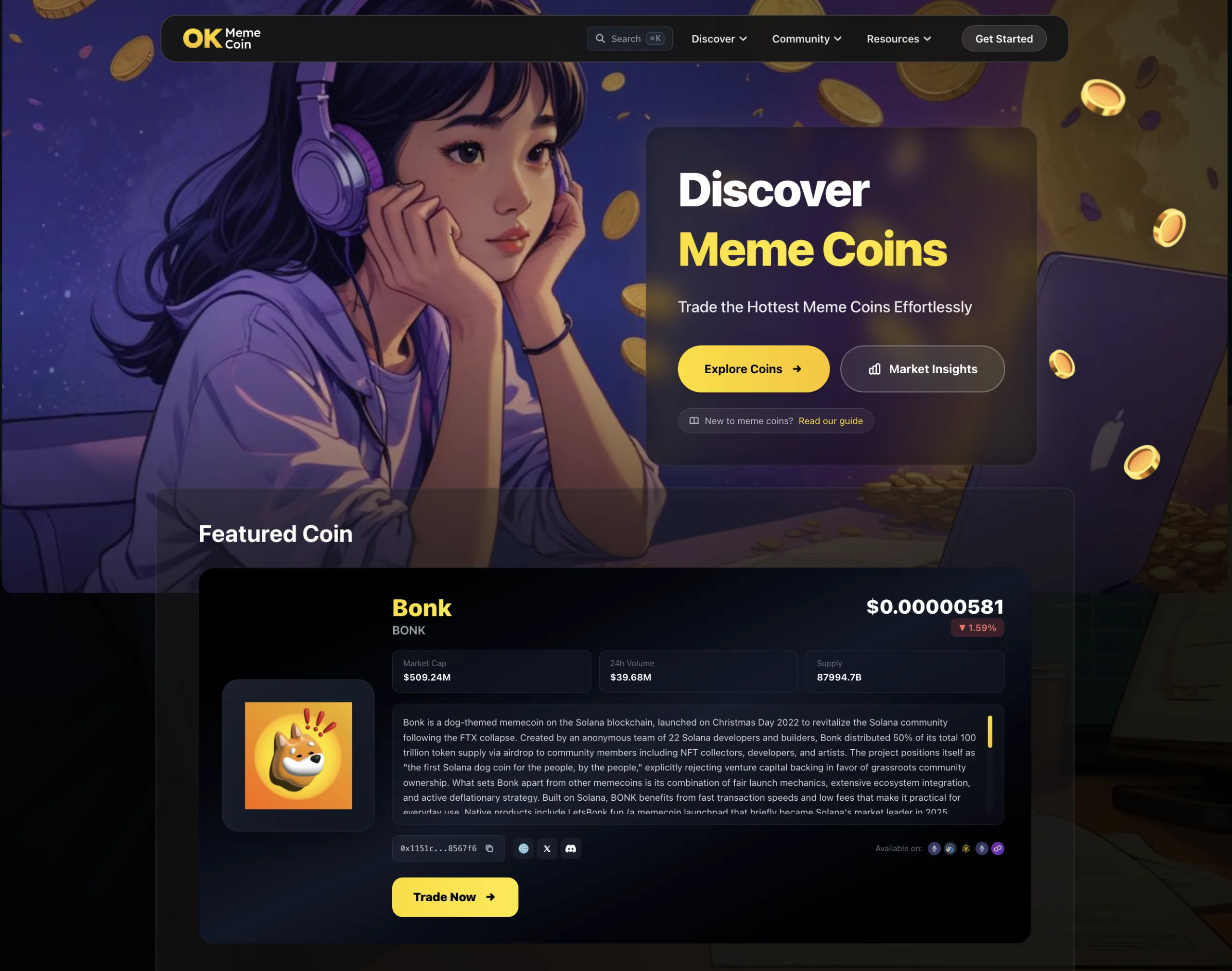 Okmemecoin landing with featured coin and live memecoin feed