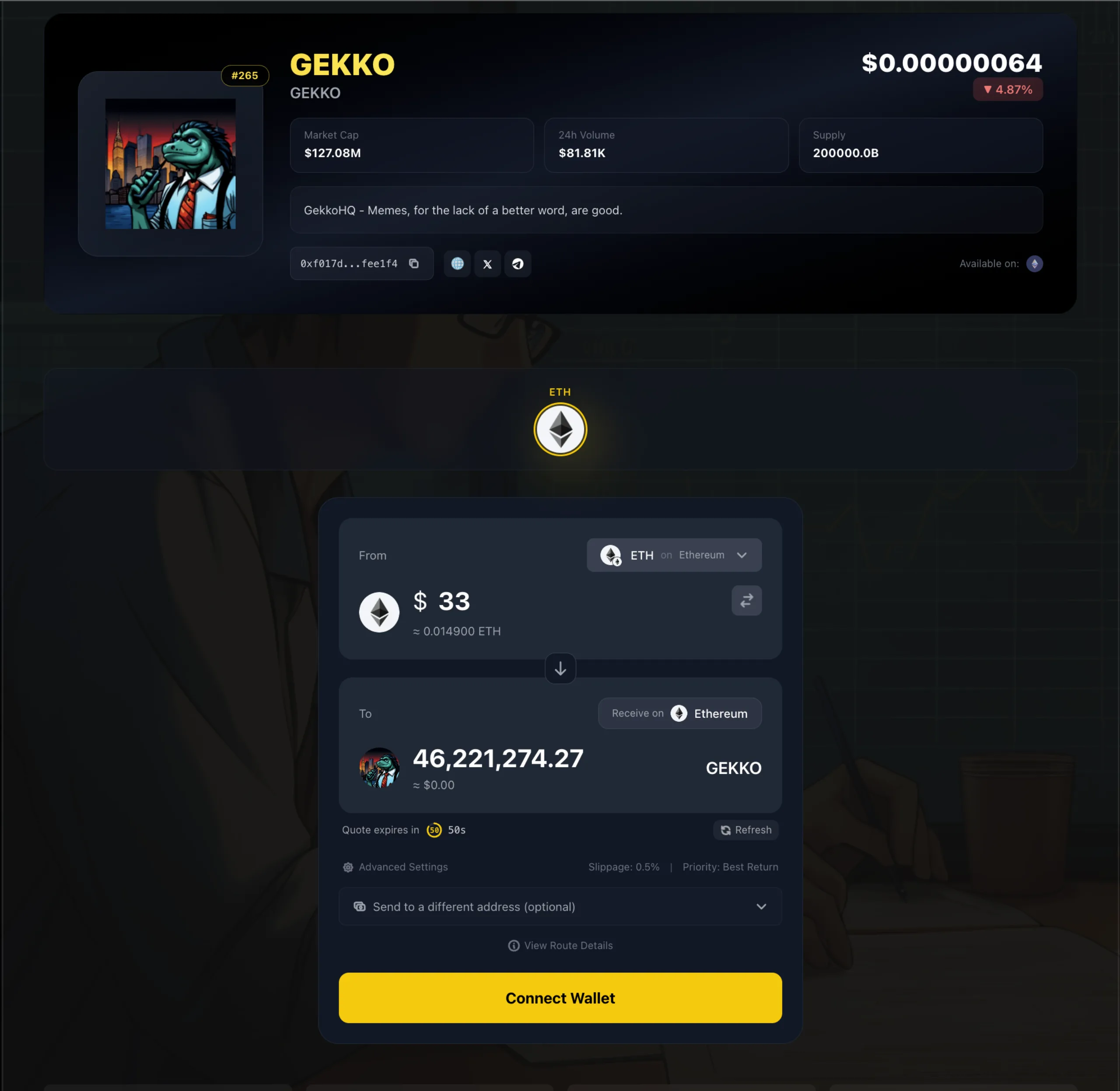 Cross-chain swap flow with Li.Fi routing ETH to memecoin
