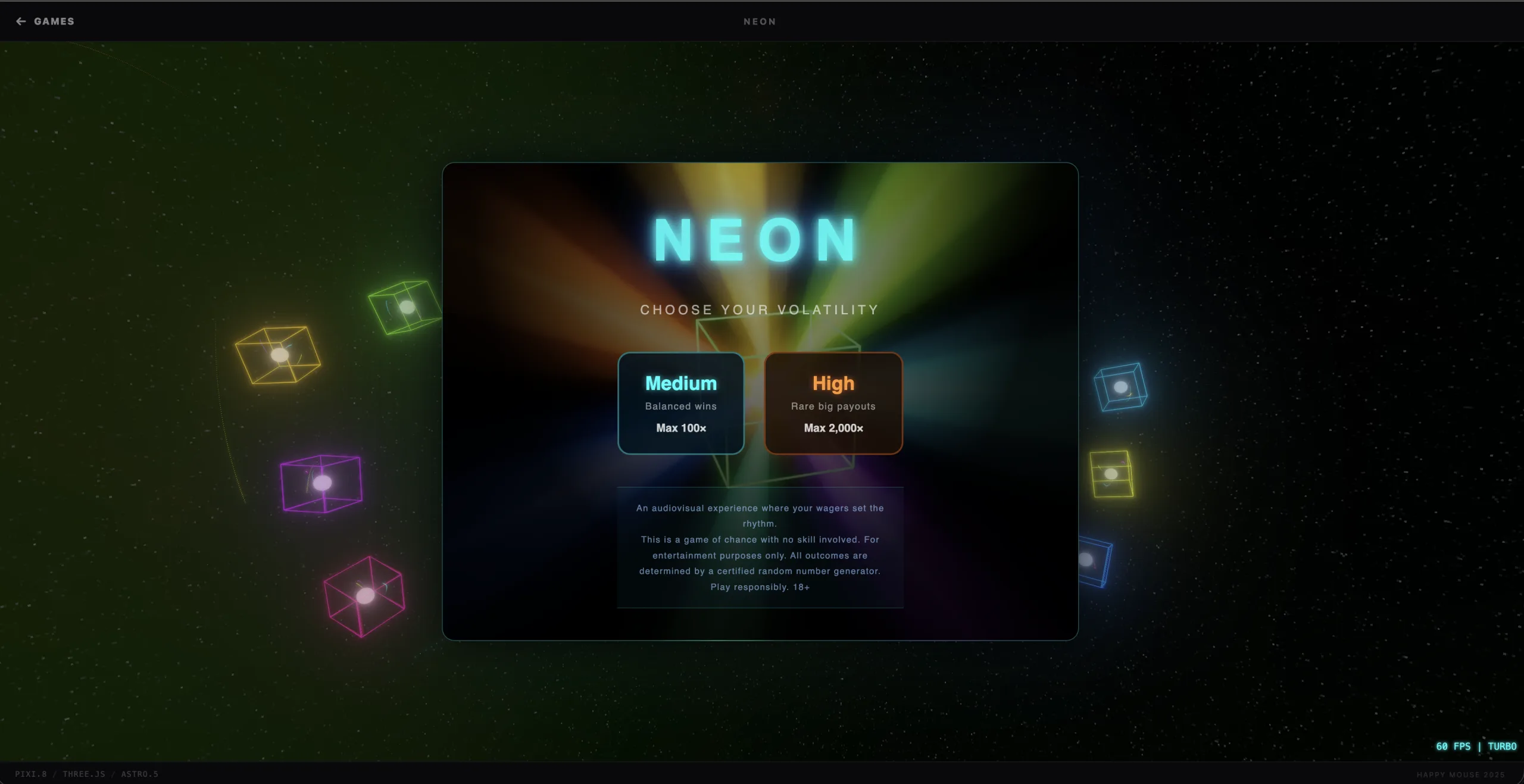Neon volatility selector with ambient floating cubes