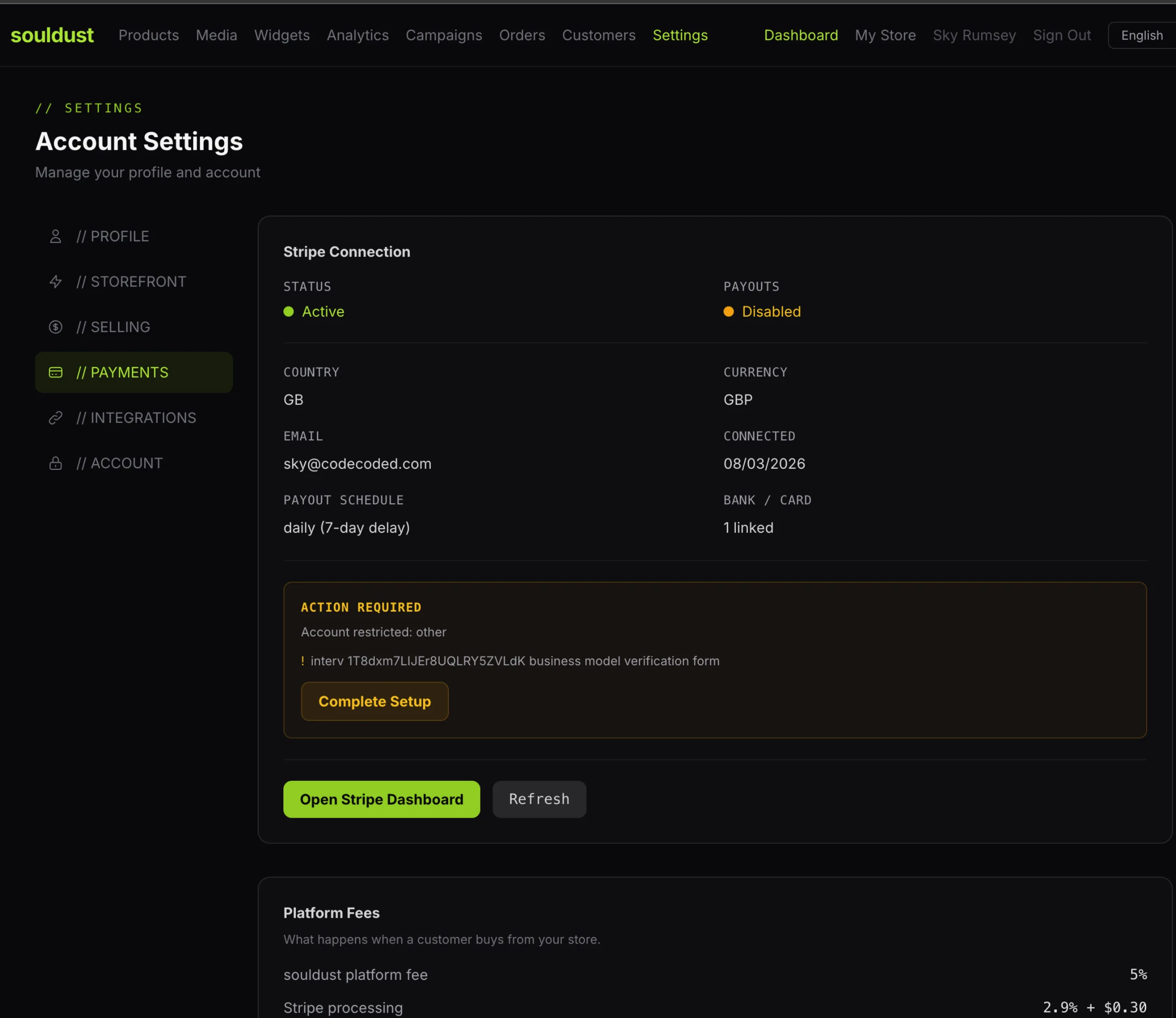 Stripe Connect account with live payouts and business verification