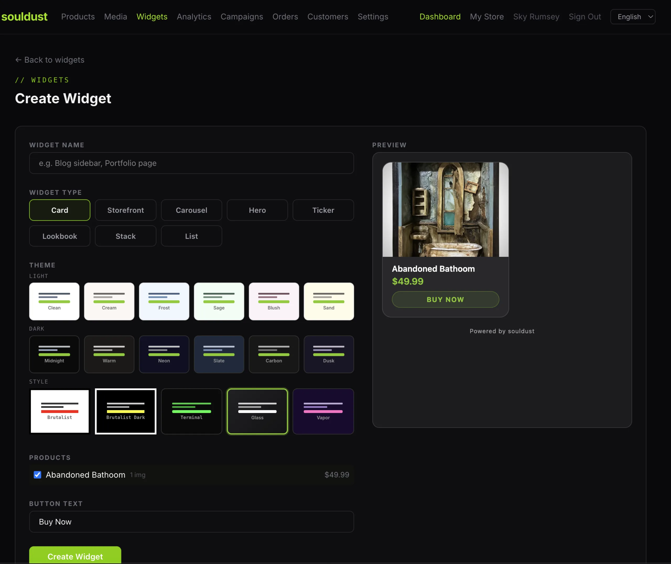 Embeddable widget builder with live card preview