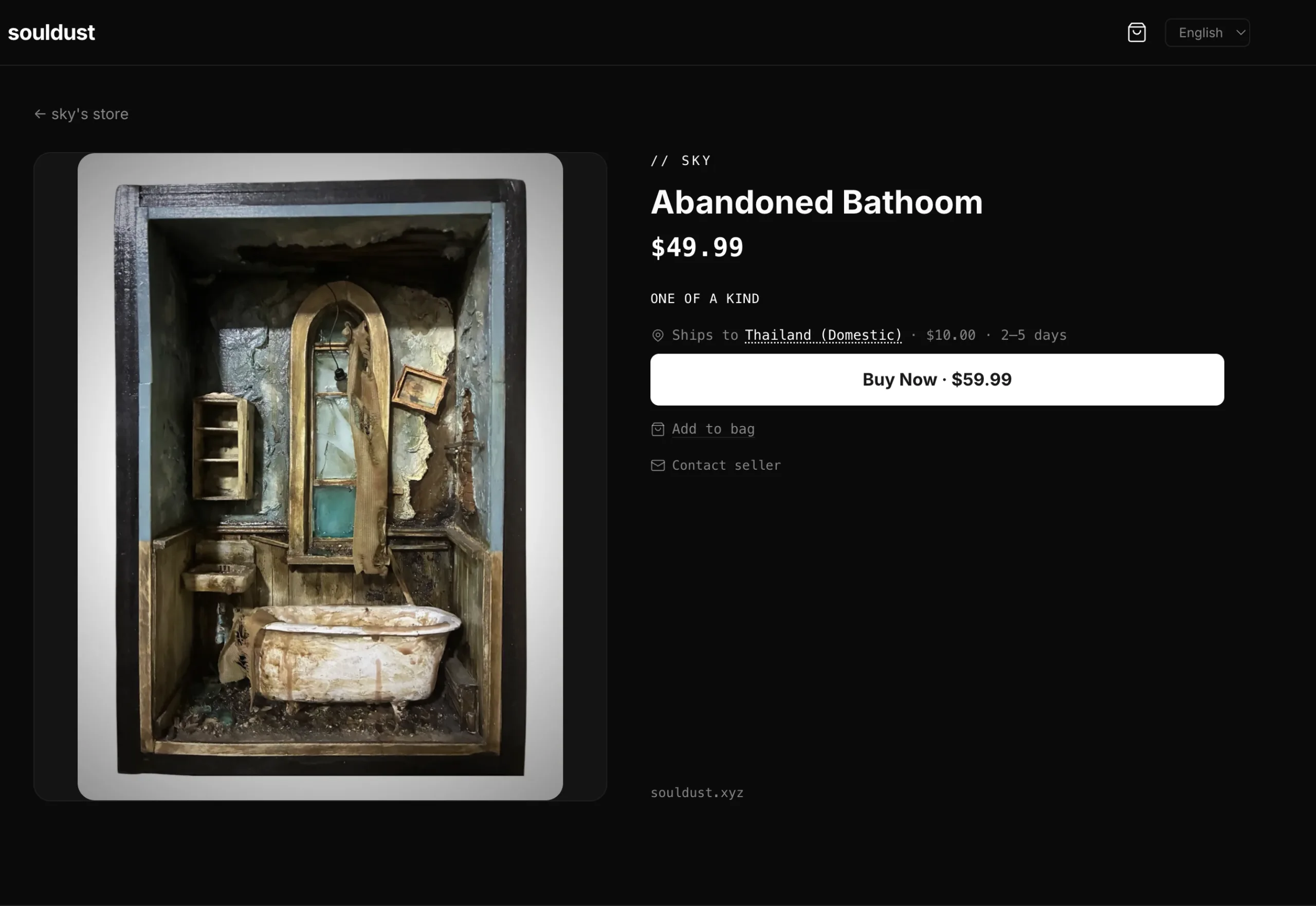 Live Souldust product page for a one-of-a-kind artwork