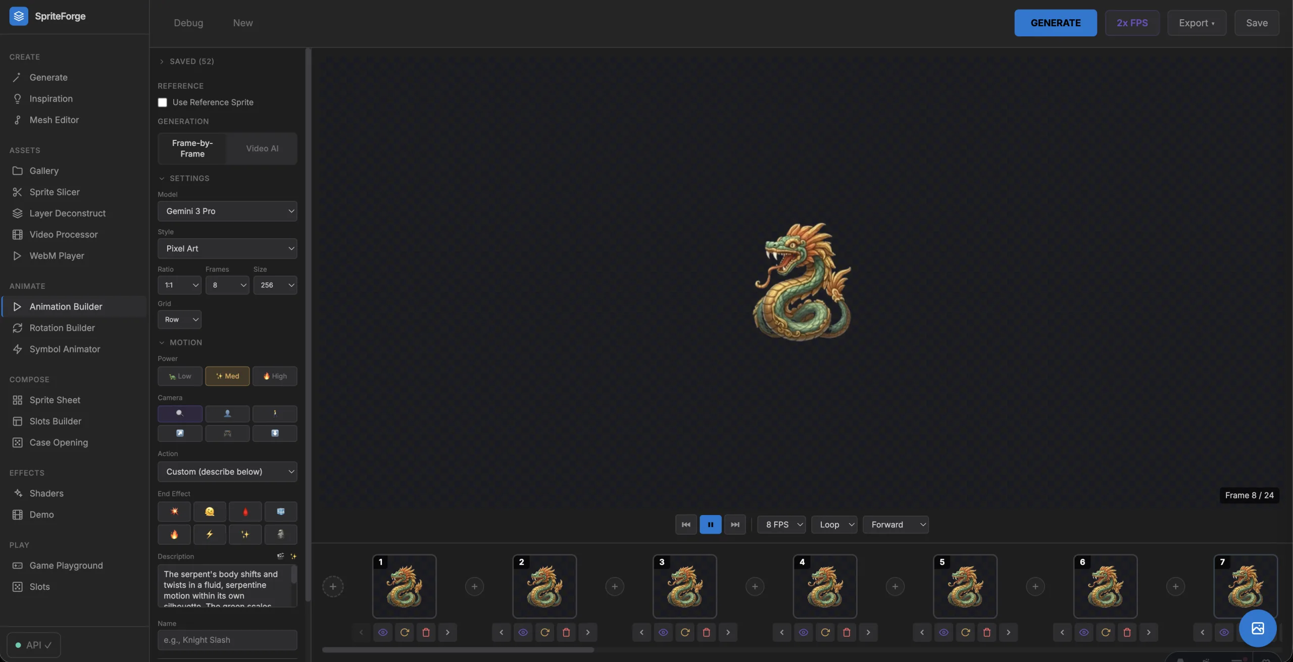 Sprite-forge animation builder rigging a dragon sprite